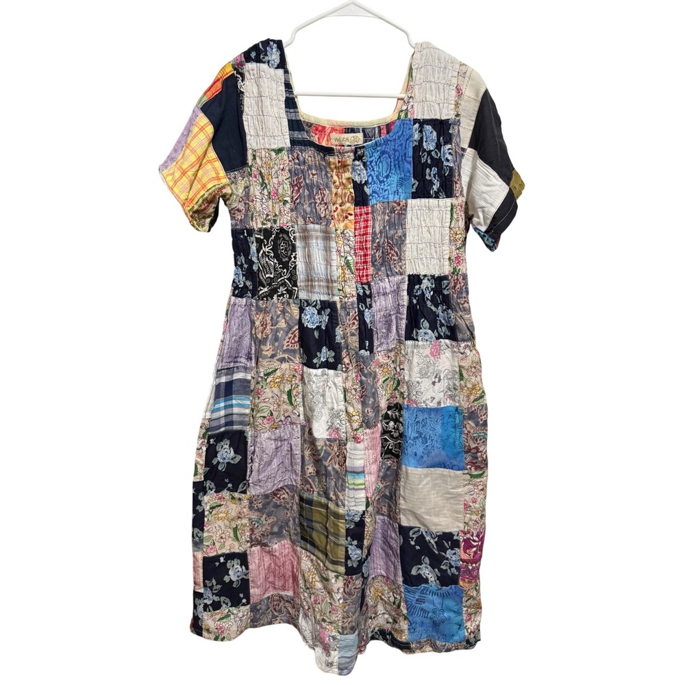 Adika Patchwork Dress Women M/L Multicolor‎ Boho Cottagecore Floral Cotton Midi